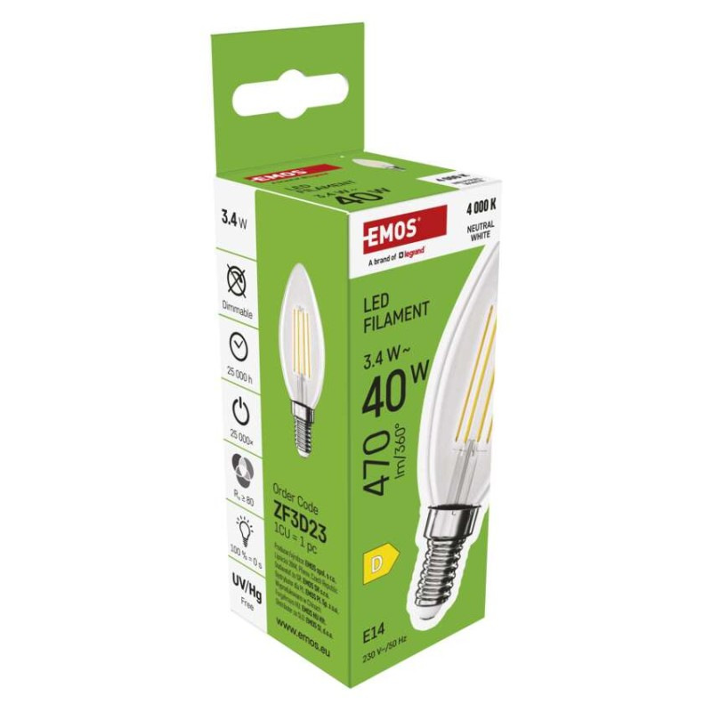 LED FLM CANDLE 3,4W(40W) 470lm E14 NW 7