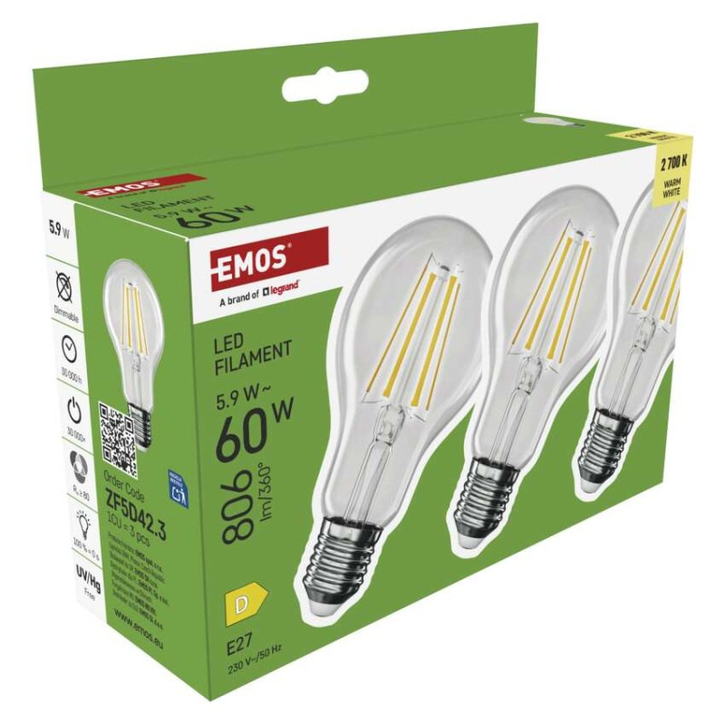 LED FLM A60 5,9W(60W) 806lm E27 WW 3PC 8
