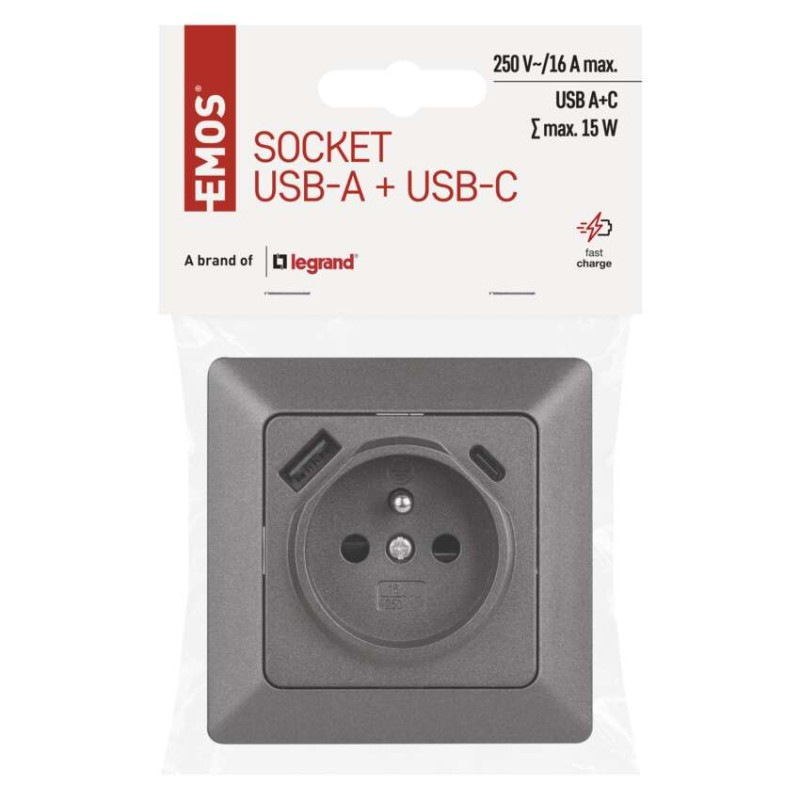 Zásuvka s USB A+C 3A antracit A6000.6 EMOS 4
