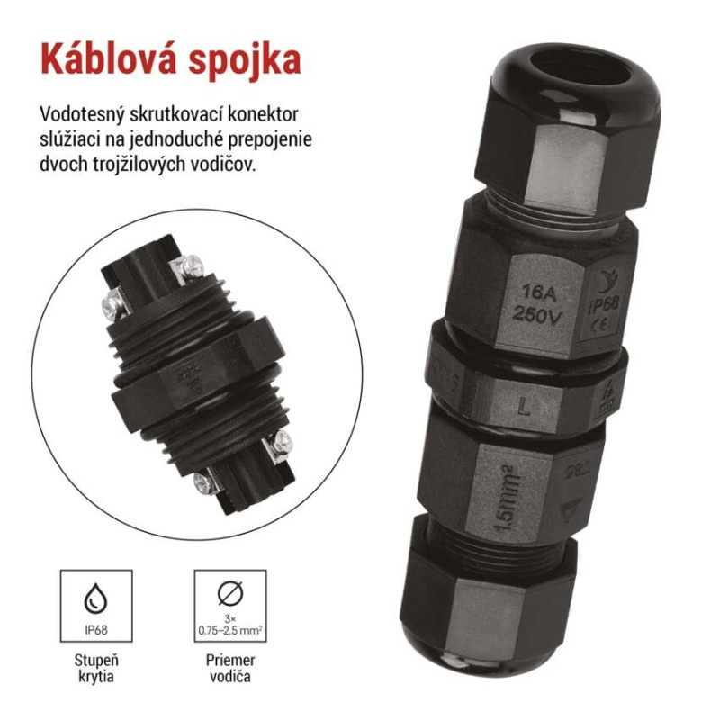 Káblová spojka 3x2,5 plast.trubička priama 250V IP68 ZS9010 1