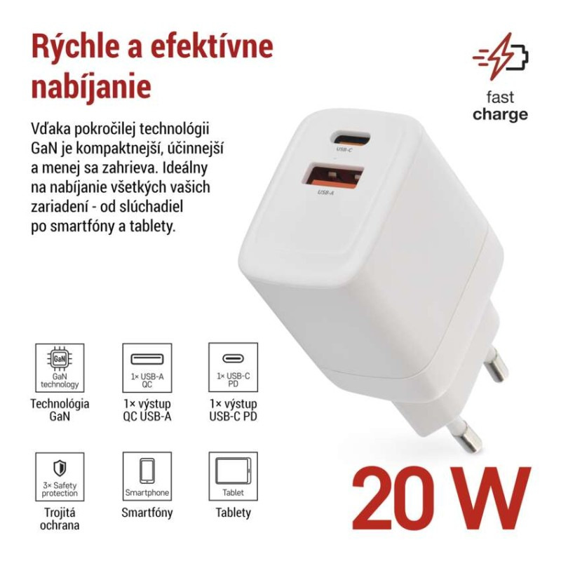 USB ADAPTÉR SÍŤ GAN PD 20W; AC 1
