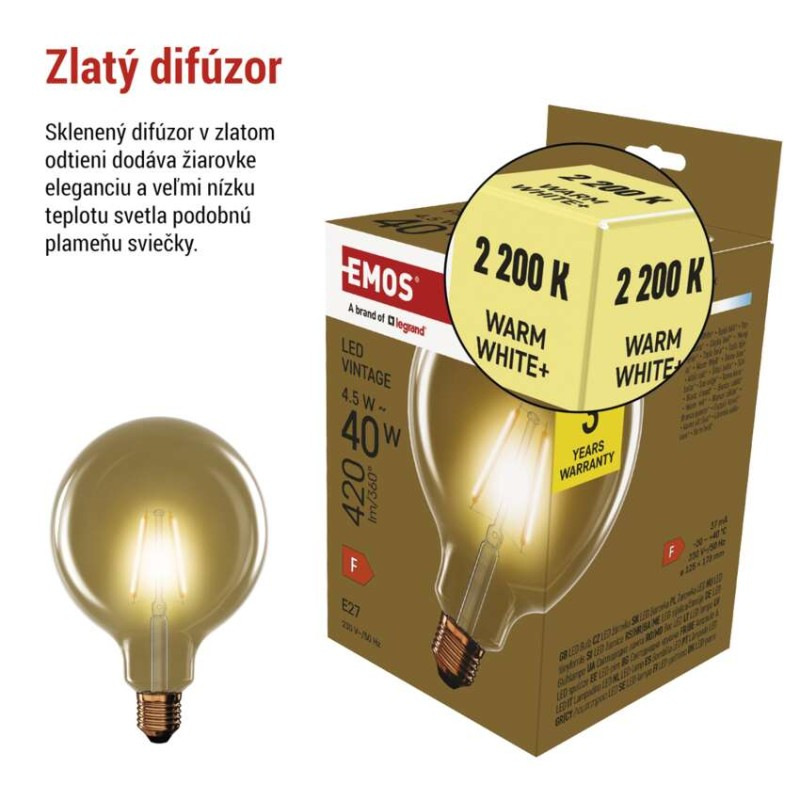 LED VNT G125 4,5W(40W) 420lm E27 WW+ 2