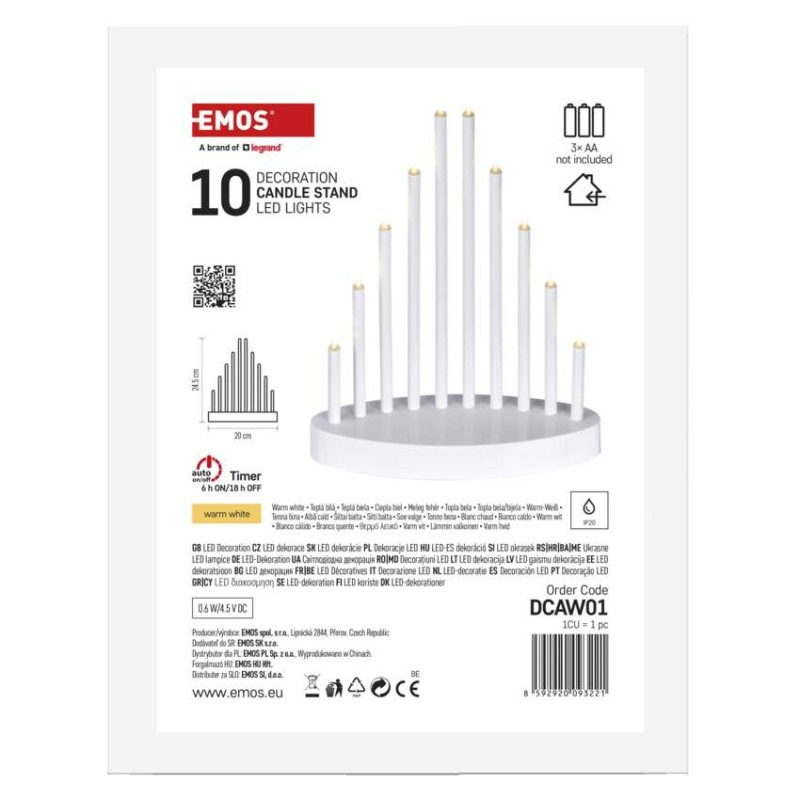 LED svícen bílý, 24,5cm 3x AA WW časovač 7