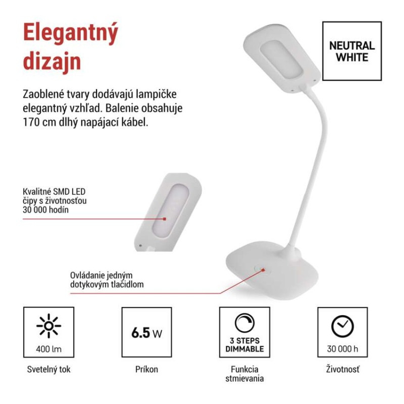 Stolná lampa LED STELLA 400lm, 6,5W, biela Z7602W EMOS 3