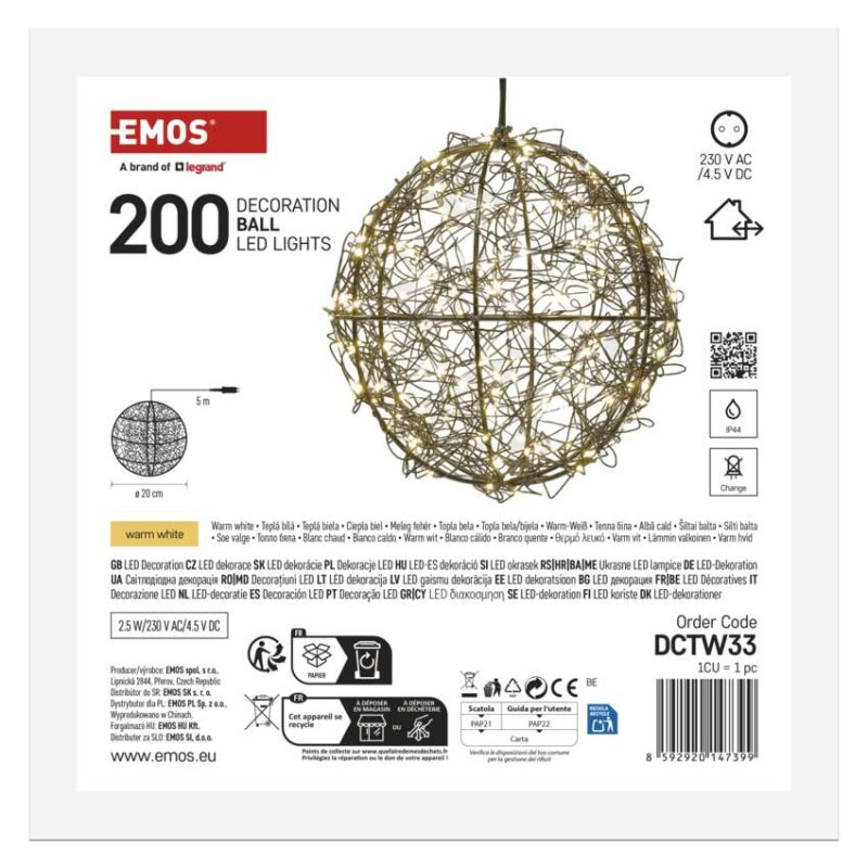 200LED BLACK METAL BALL IP44 FLASH WW 8