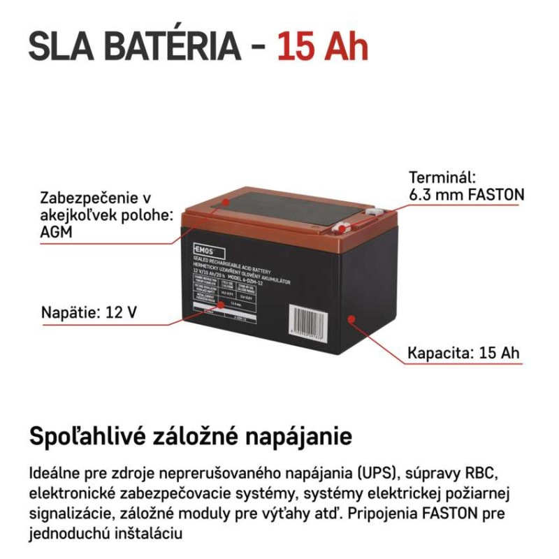 Akumulátor olovenný 12V 15Ah trakčný, faston 6,3mm B9656V EMOS 1