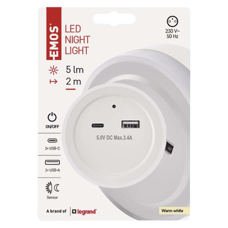 NOČNÍ SVĚTLO WW 230V / 0,3W; USB C+A 5