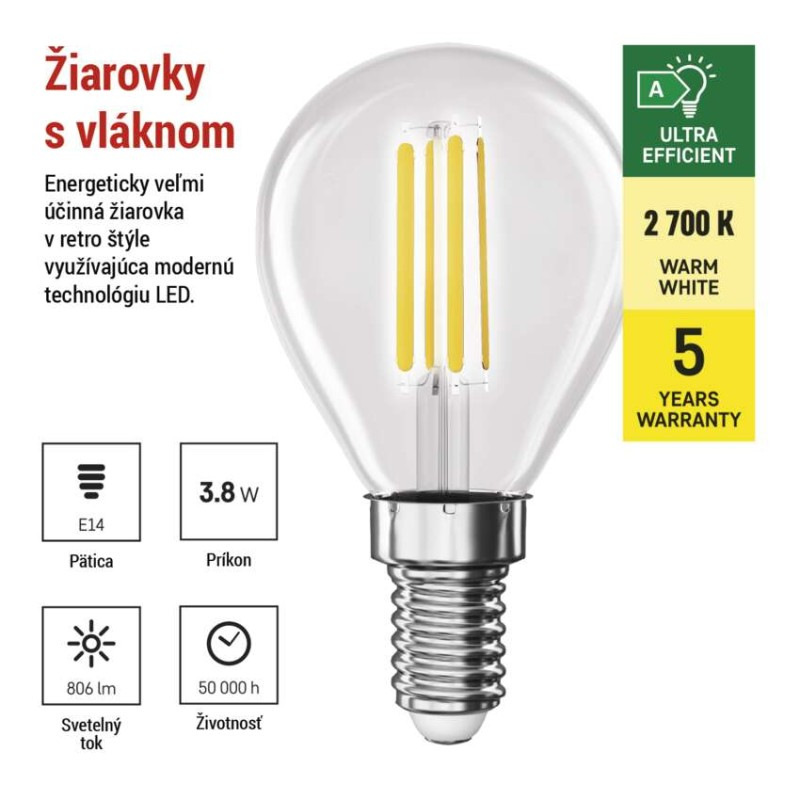 LED FLM MINI GL 3,8W(60W) 806lm E14 WW A 2