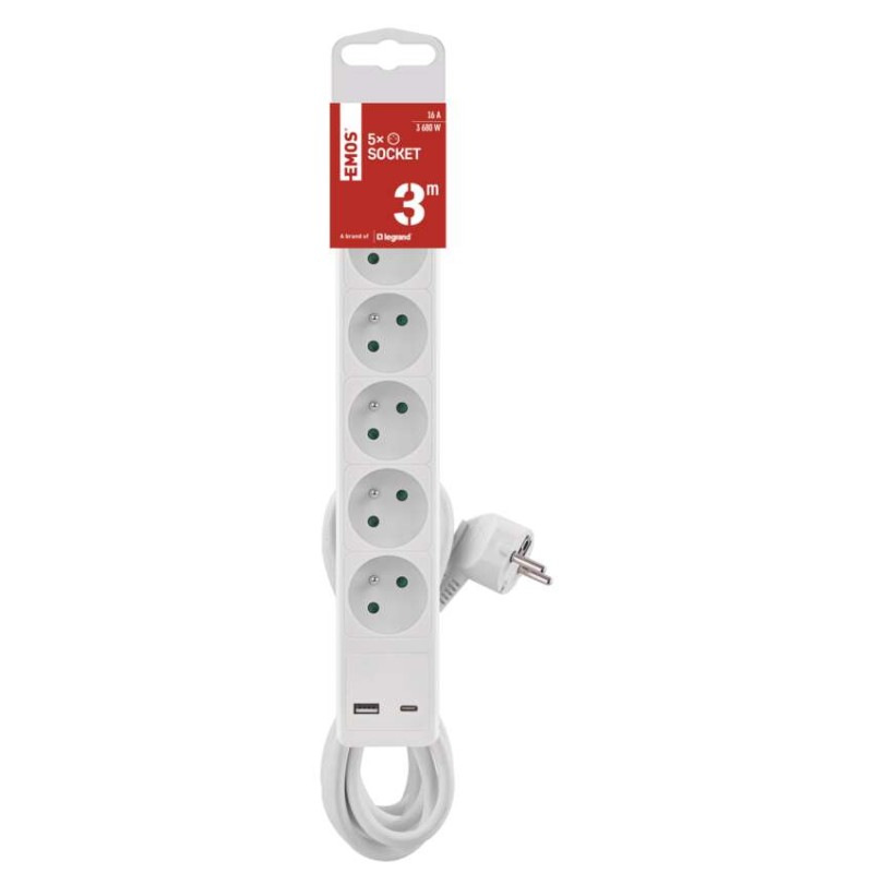 PRODLUŽKA 5Z 3M S VYP. 1,5MM+USB A+C 1