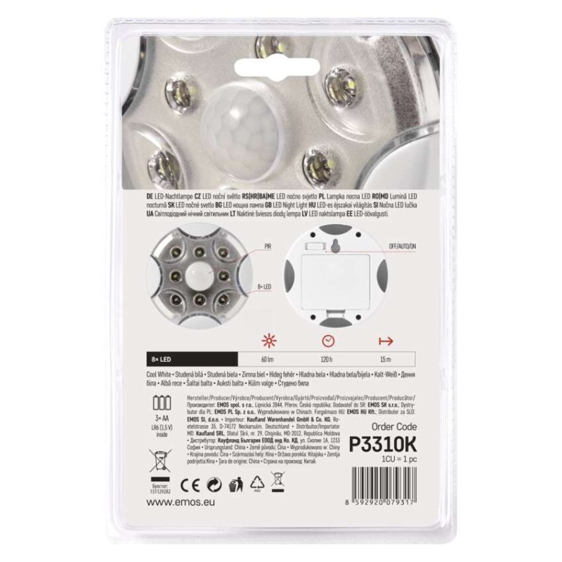 NOČNÍ SVĚTLO S PIR 8 LED 3×AA 5