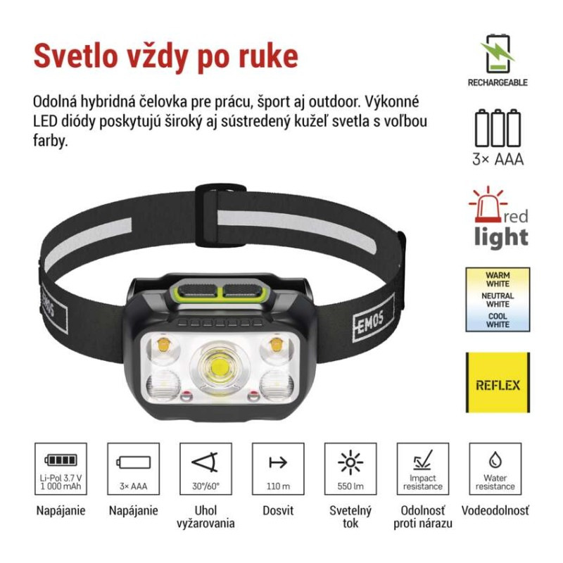 Čelovka LED nabíjateľná, 550lm, 3xAAA P3546 1