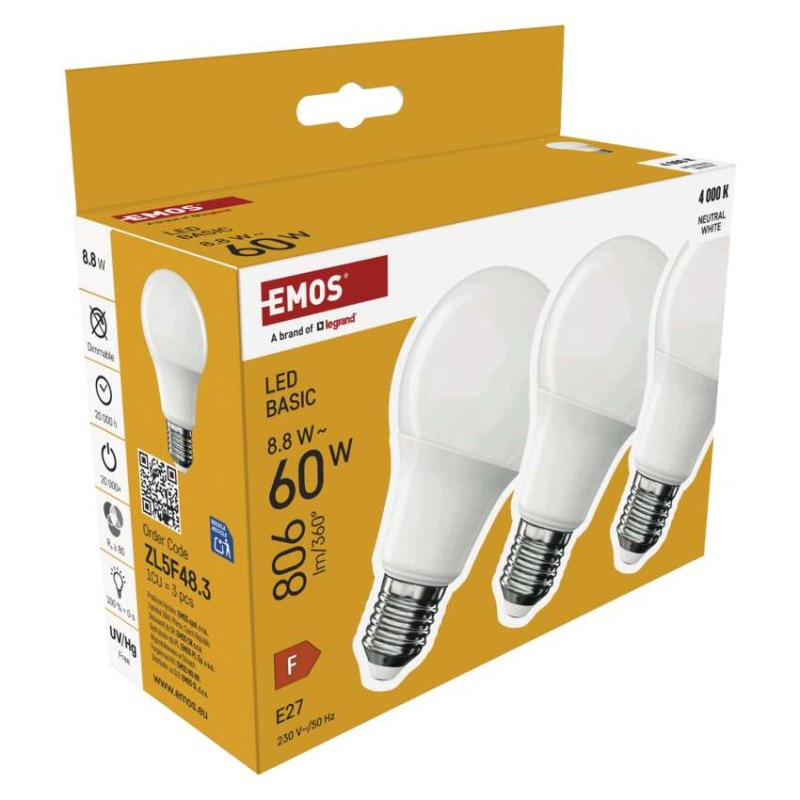 LED BASIC A60 8,8W(60W) 806lm E27 NW 3PC 6
