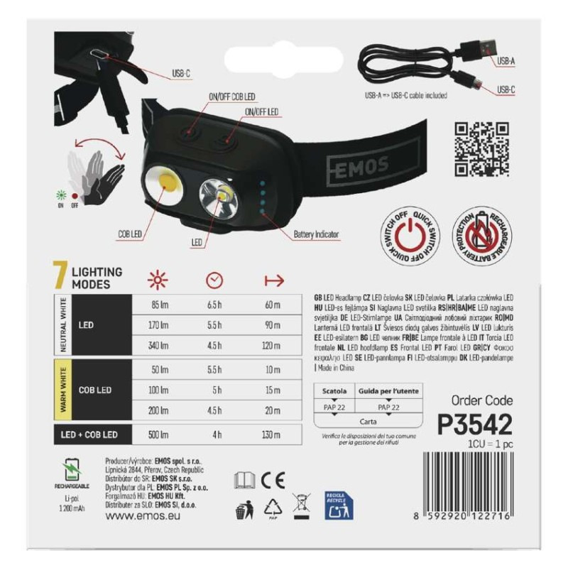 NABÍJECÍ ČELOVKA COB LED + LED TEPLÁ/NEU 8