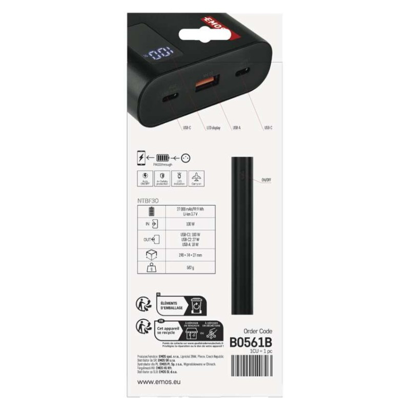 EMOS PWB NTBF30 27000MAH 100W PD 2×USB-C 13