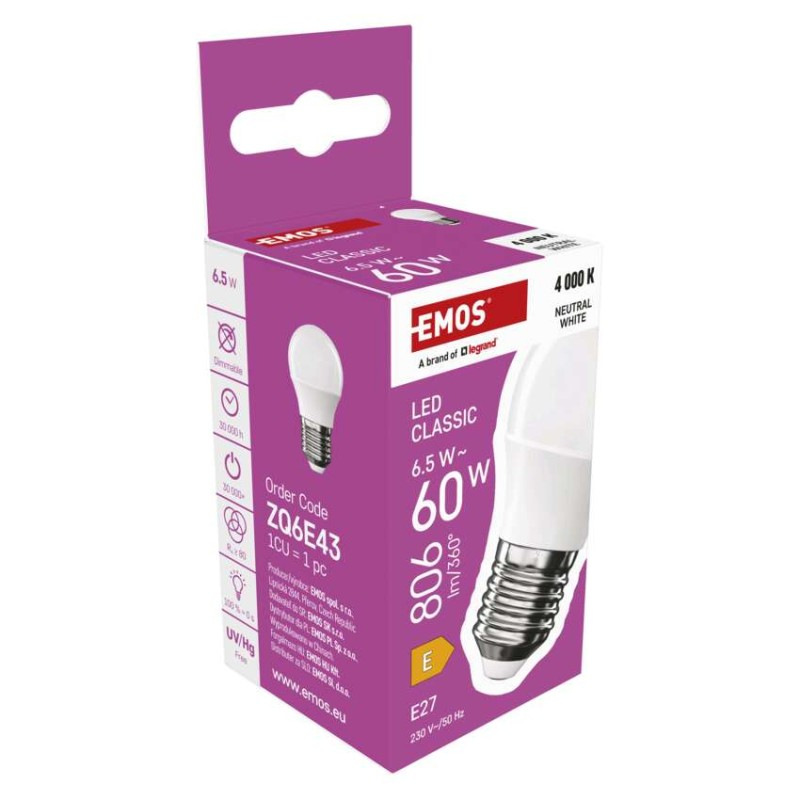Žiarovka LED CLS MINI GL 6,5W E27 NW ZQ6E43 EMOS 7