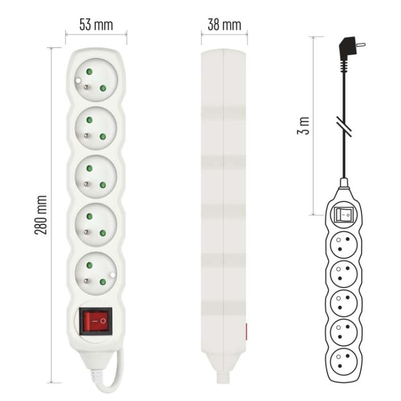 Kábel predlžovací 5Z-3m 3Gx1,5mm2 biela P1513R s vypínačom 8