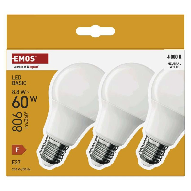 LED BASIC A60 8,8W(60W) 806lm E27 NW 3PC 4