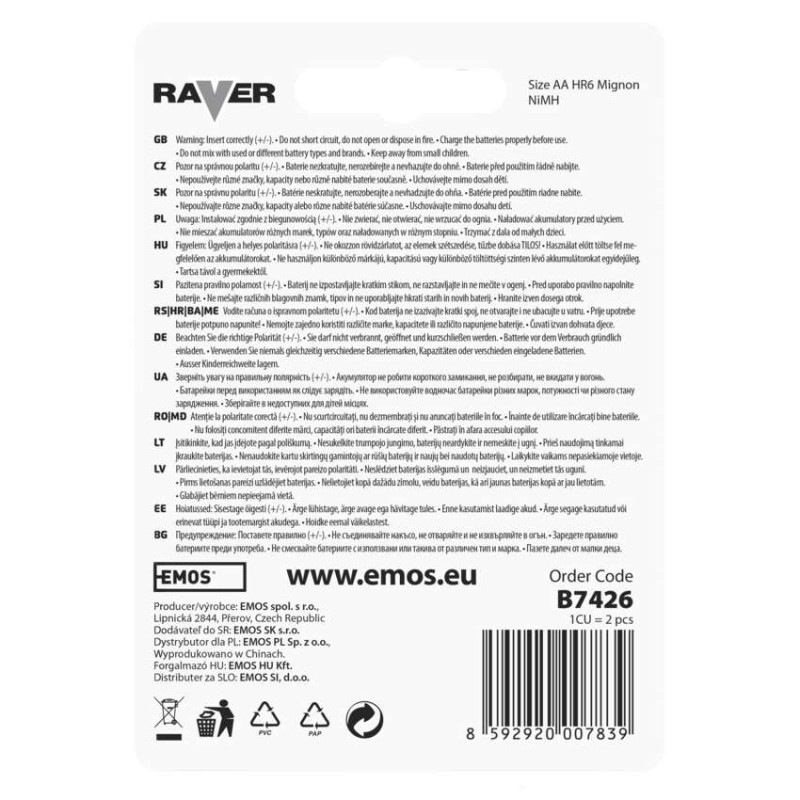 Batéria R06 NiMH 600mAh 1,2V AA RAVER SOLAR B7426 nabijatelná 5