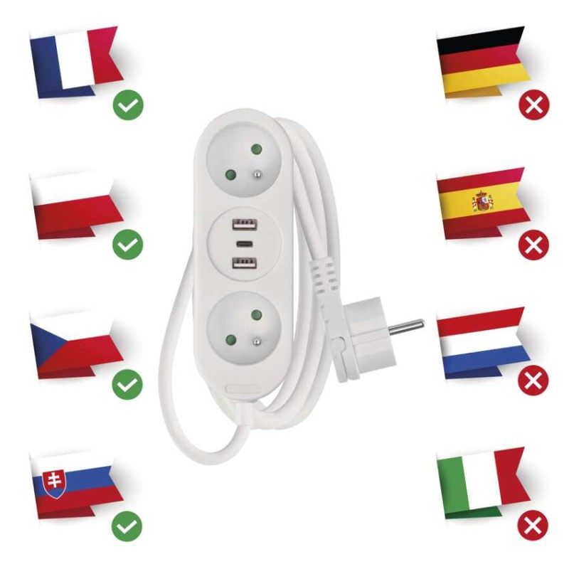 PRODLUŽKA 2M 1MM 2Z+2×USB A+1×USB C 1