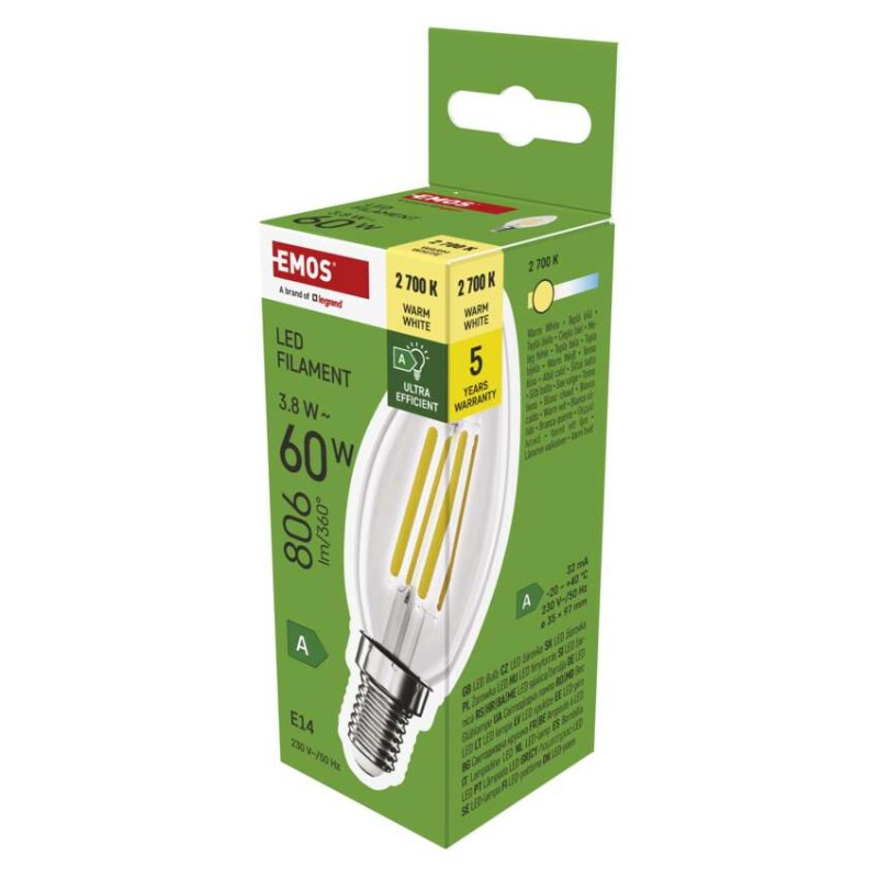 LED FLM CANDLE 3,8W(60W) 806lm E14 WW A