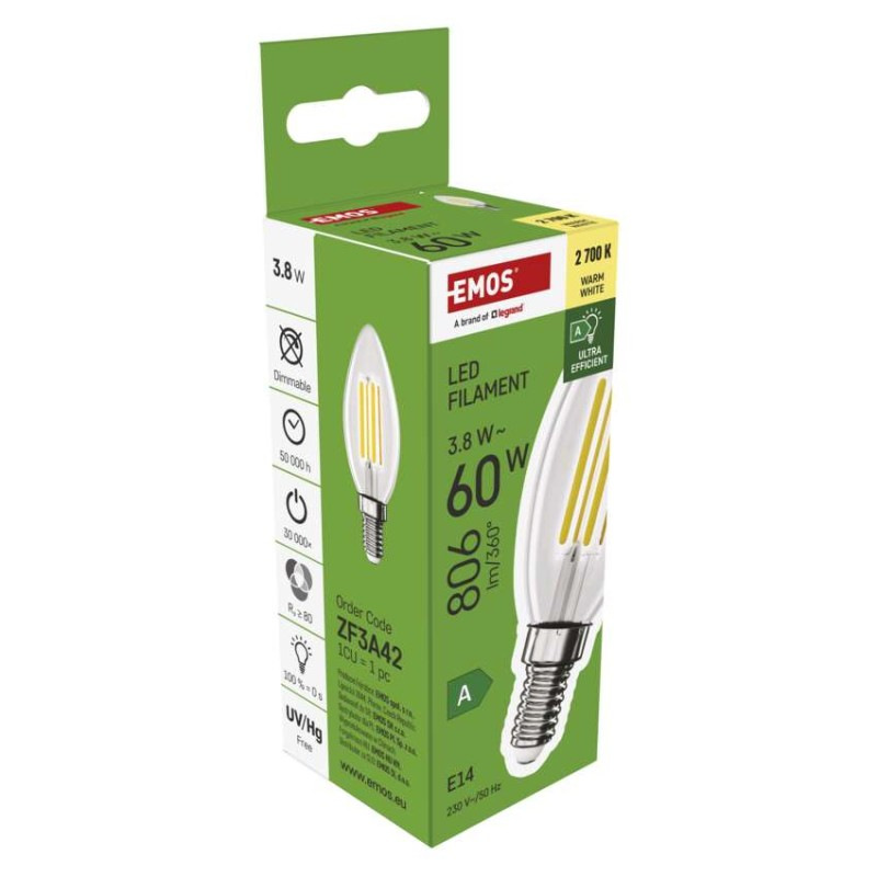 LED FLM CANDLE 3,8W(60W) 806lm E14 WW A 10