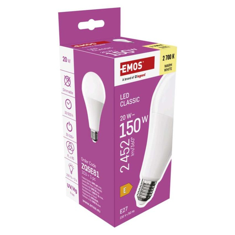 Žiarovka LED CLS A80 20W E27 teplá biela ZQ5E81 2700K EMOS 8
