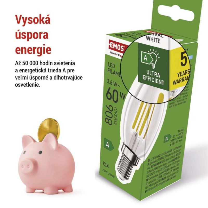 LED FLM CANDLE 3,8W(60W) 806lm E14 NW A 3