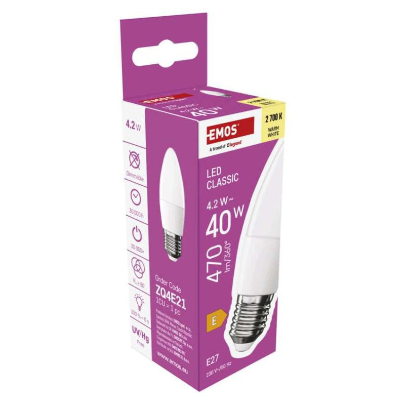 LED CLS CANDLE 4,2W(40W) 470lm E27 WW 7