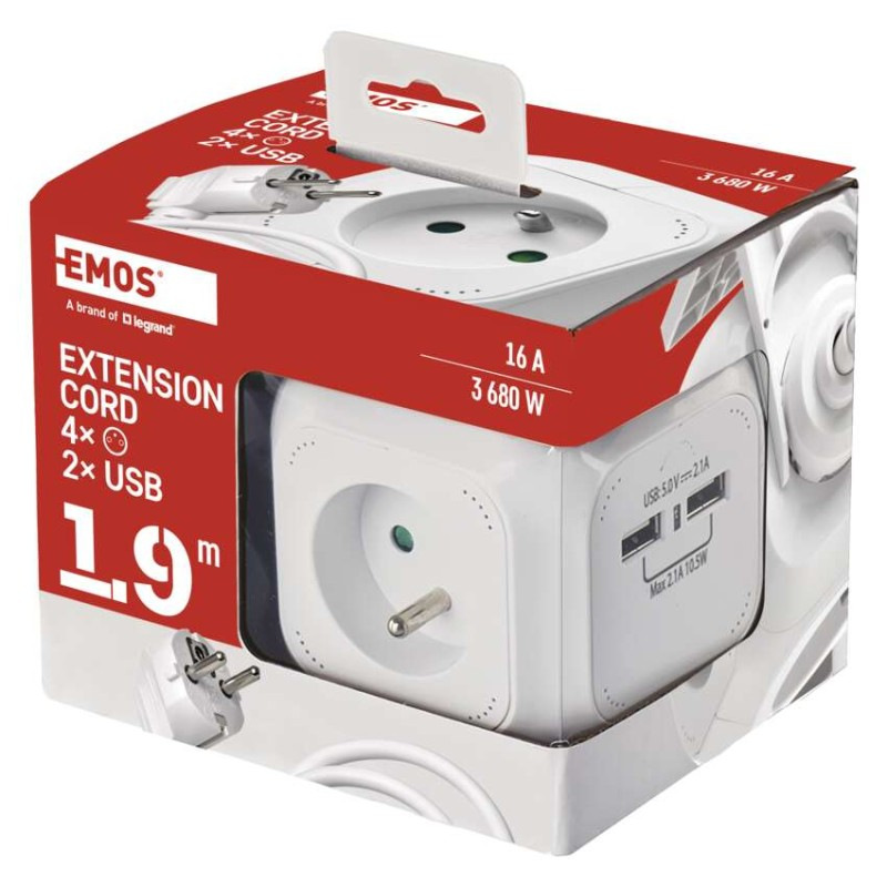 Kábel predlžovací 4Z 1,9m + 2xUSB kocka  P04119U 11