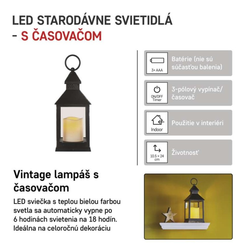 Lucerna antik černá blikající 3AAA TIMER 4
