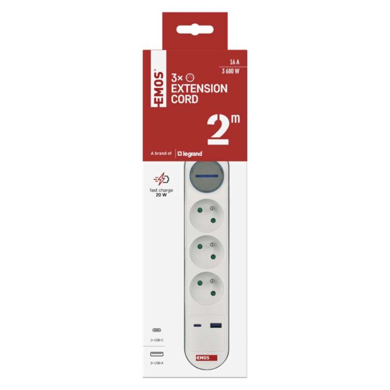 PRODLUŽKA 3Z 2M S VYP. 1,5MM+USB A+C FAS 1