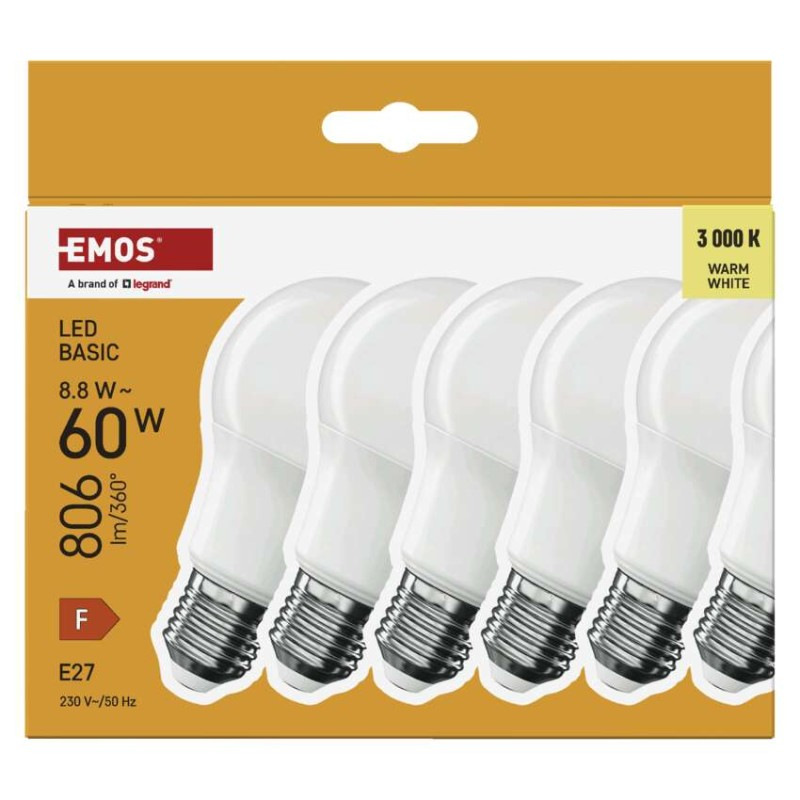 LED BASIC A60 8,8W(60W) 806lm E27 WW 6PC 4