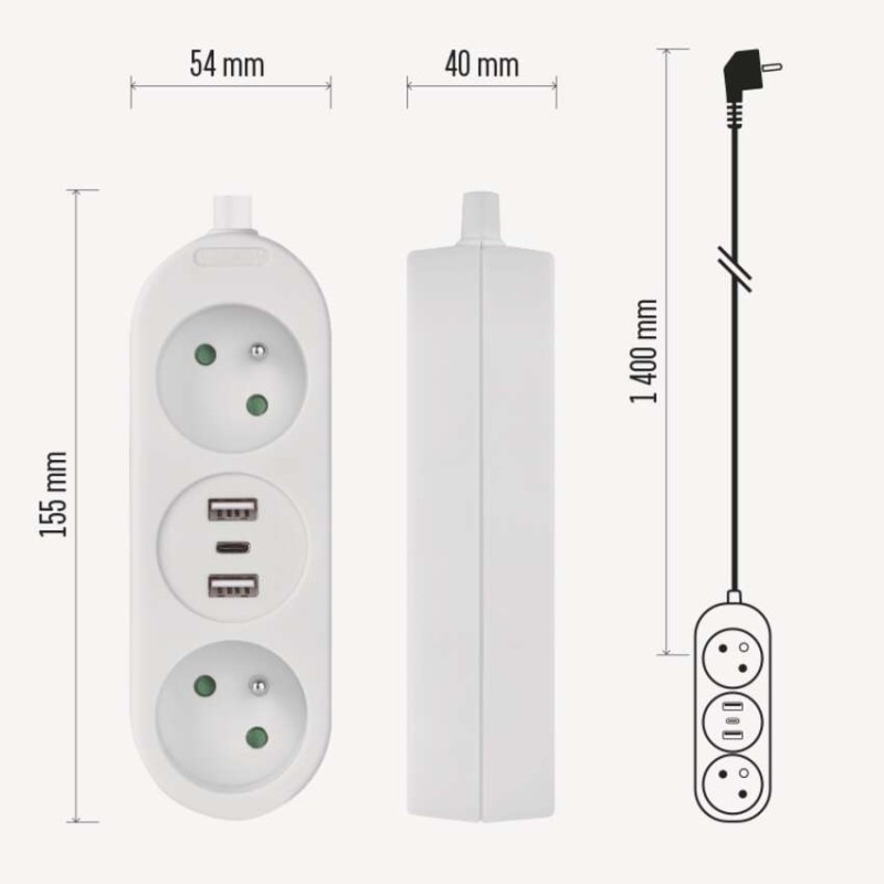 Kábel predlžovací 2Z 1,4m+2xUSB-A+1xUSB-C P0211E 13