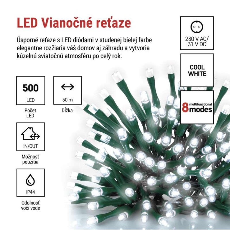 VIANOCE reťaz classic 500LED 50M IP44 D4AC26 studená 8-progr.