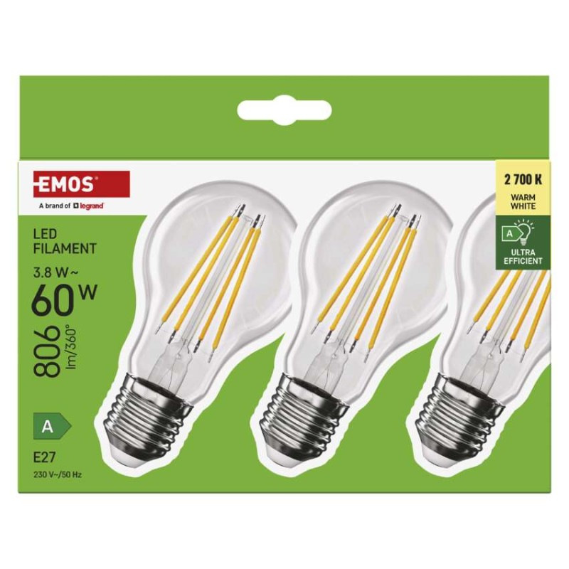 LED FLM A60 3,8W(60W) 806lm E27 WW 3PC 8