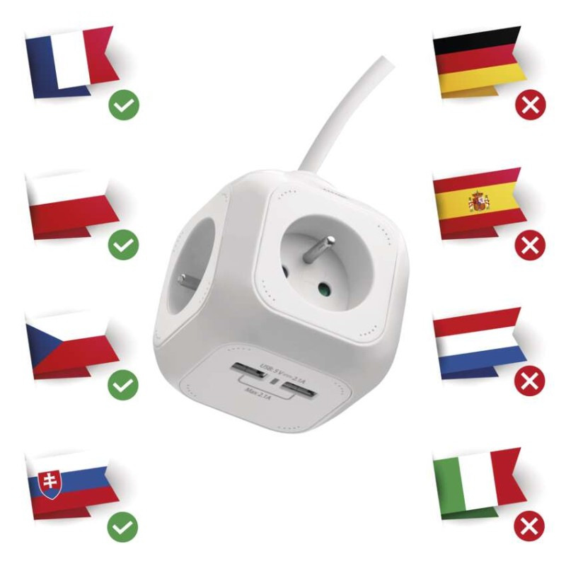 Kábel predlžovací 4Z 1,9m + 2xUSB kocka  P04119U 2