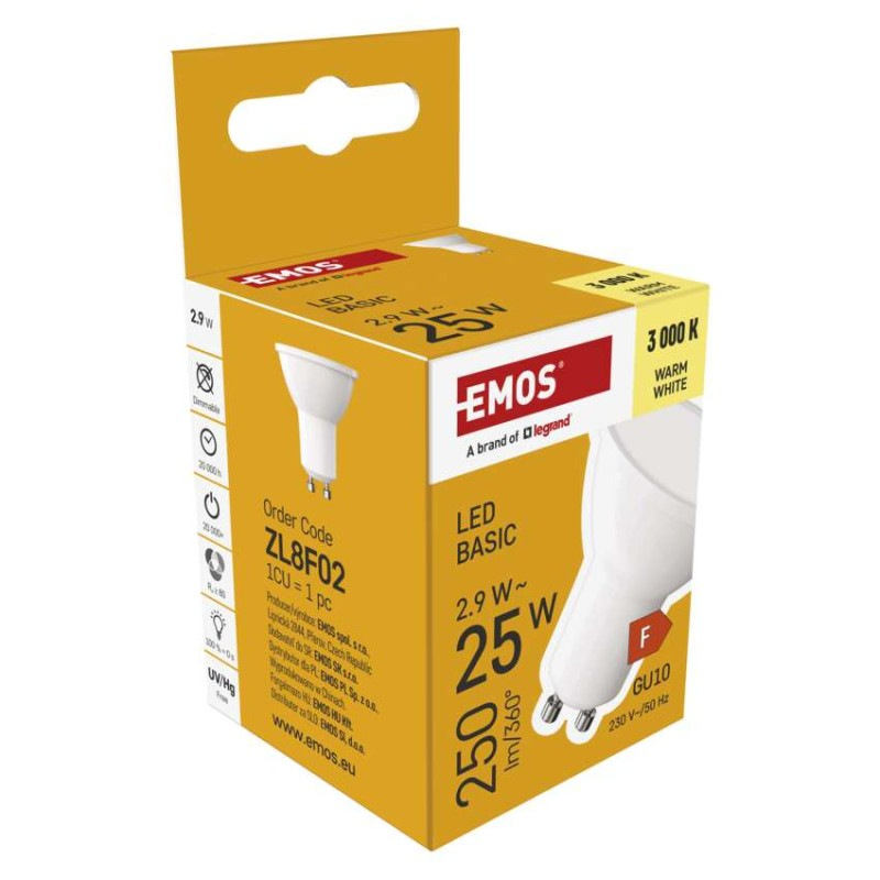 LED BASIC MR16 2,9W(25W) 250lm GU10 WW 6