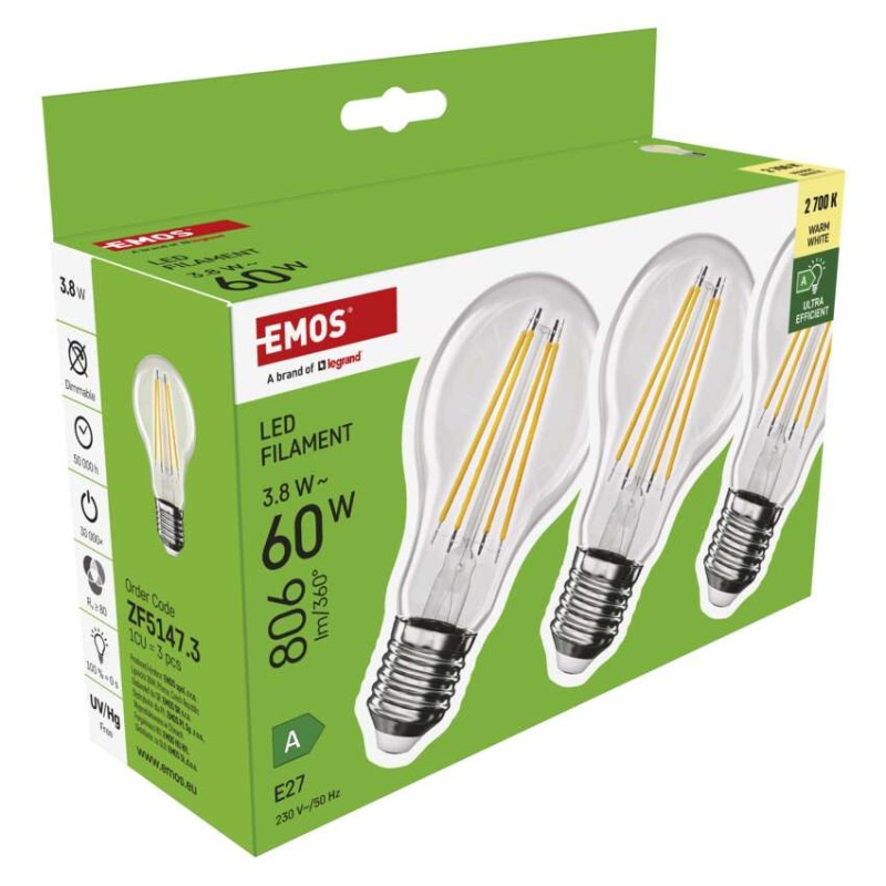 LED FLM A60 3,8W(60W) 806lm E27 WW 3PC 10