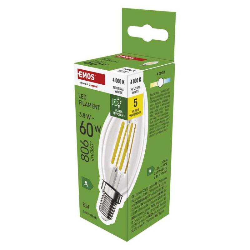 LED FLM CANDLE 3,8W(60W) 806lm E14 NW A