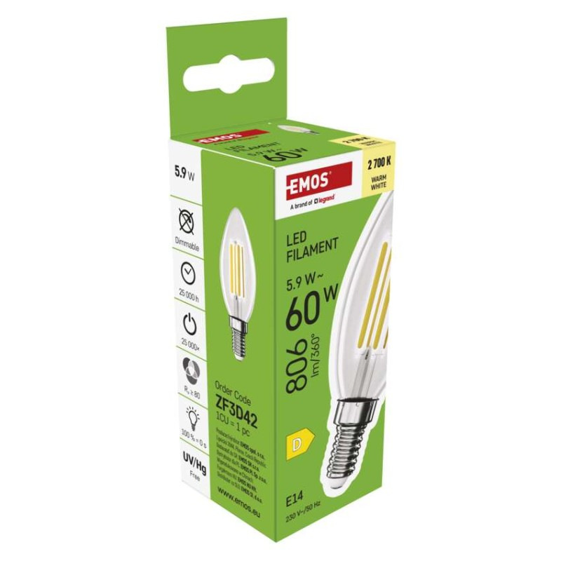 LED FLM CANDLE 5,9W(60W) 806lm E14 WW 7