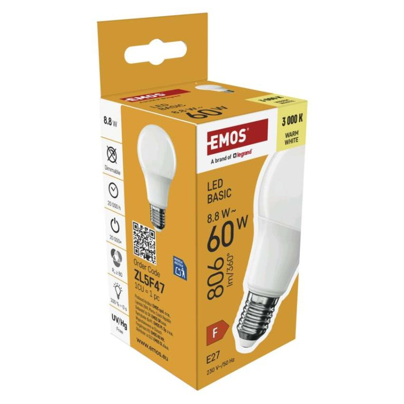 LED BASIC A60 8,8W(60W) 806lm E27 WW 6
