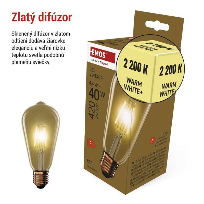LED VNT ST64 4,5W(40W) 420lm E27 WW+ 2