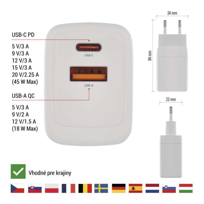 USB ADAPTÉR SÍŤ GAN PD 45W; AC 3