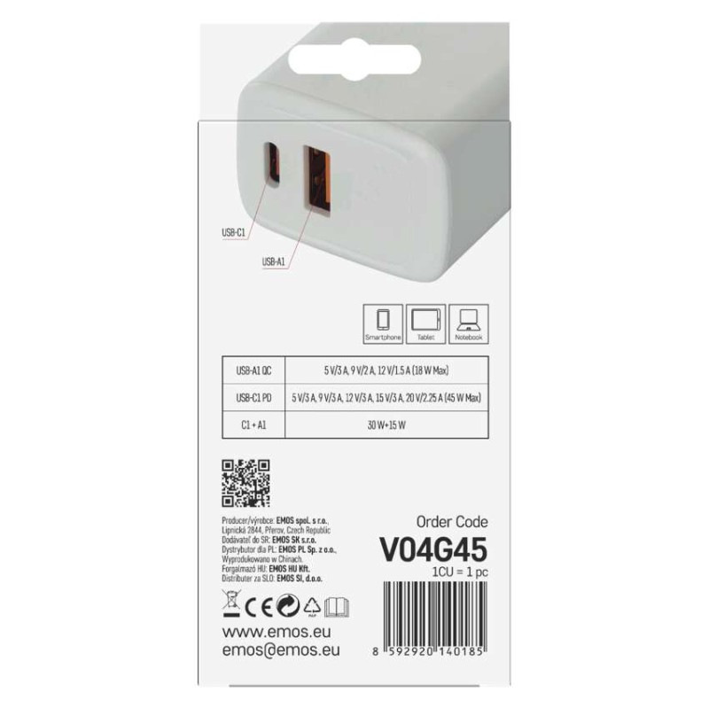 USB ADAPTÉR SÍŤ GAN PD 45W; AC 8