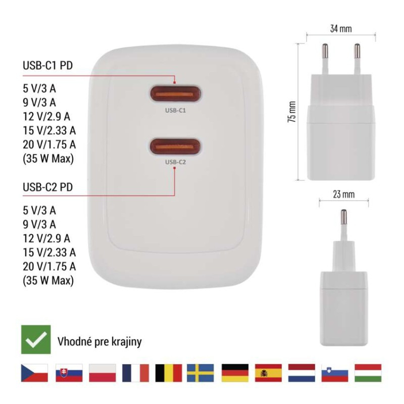 USB ADAPTÉR SÍŤ GAN PD 35W; 2C 3