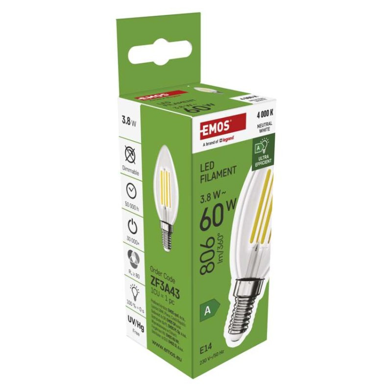 LED FLM CANDLE 3,8W(60W) 806lm E14 NW A 11