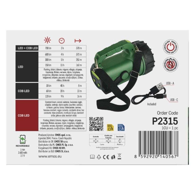 LED+COB LED NABÍJECÍ SVÍTILNA 700 LM 3 6 9