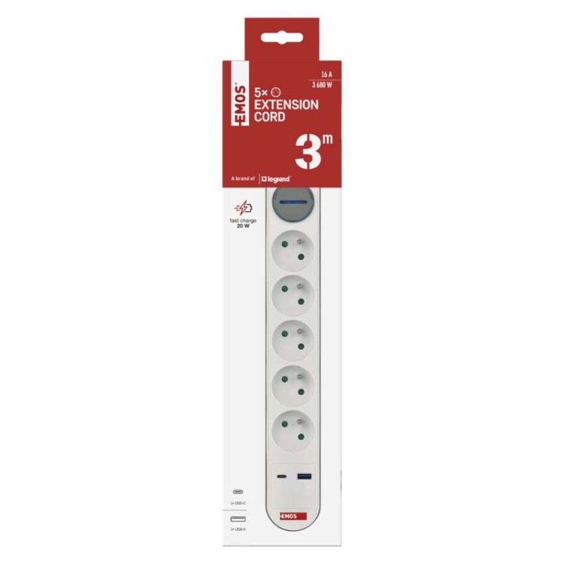 PRODLUŽKA 5Z 3M S VYP.1,5MM+USB A+C FAST 1