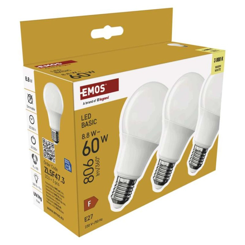 LED BASIC A60 8,8W(60W) 806lm E27 WW 3PC 6