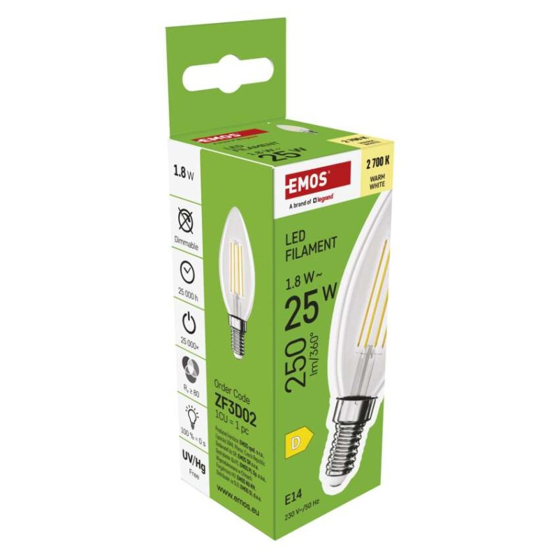 LED FLM CANDLE 1,8W(25W) 250lm E14 WW 7